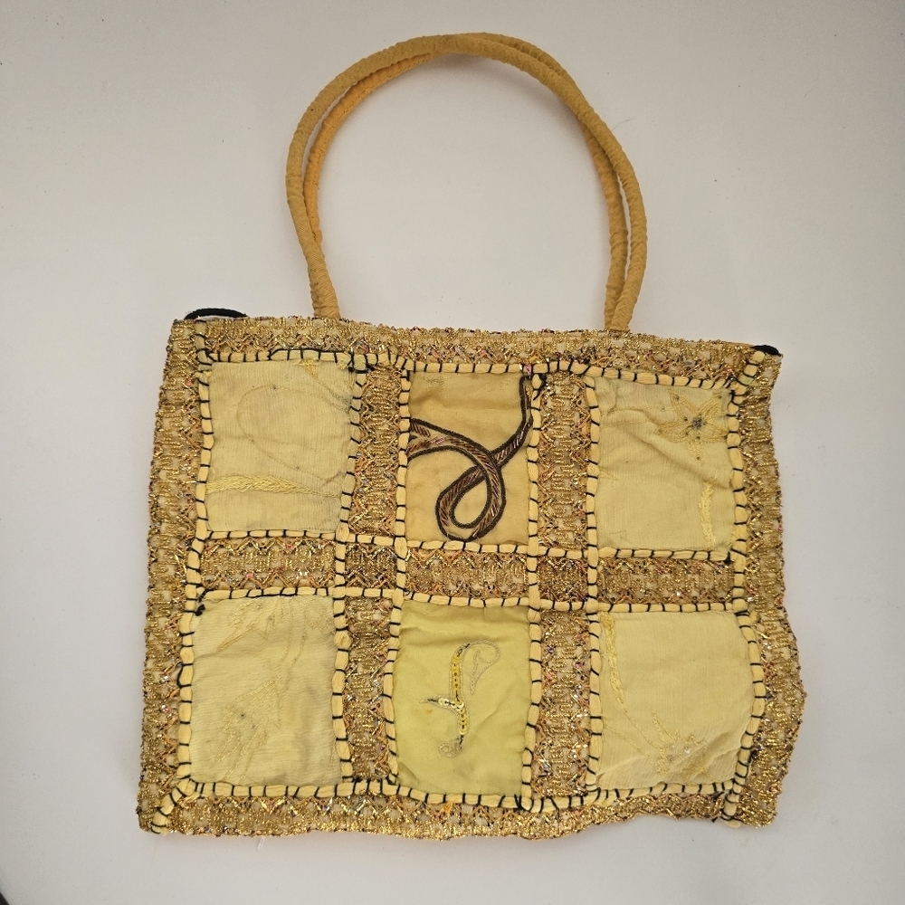Boho India Patchwork Tote Bag Yellow Embroidered Beaded Handmade - Picture 1 of 12